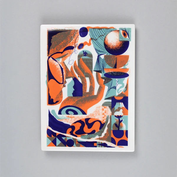 Screen-printed tile with an Artwork from AkaCorleone, with blue, orange and green colors, against a gray background1621243260e1af0c20-0