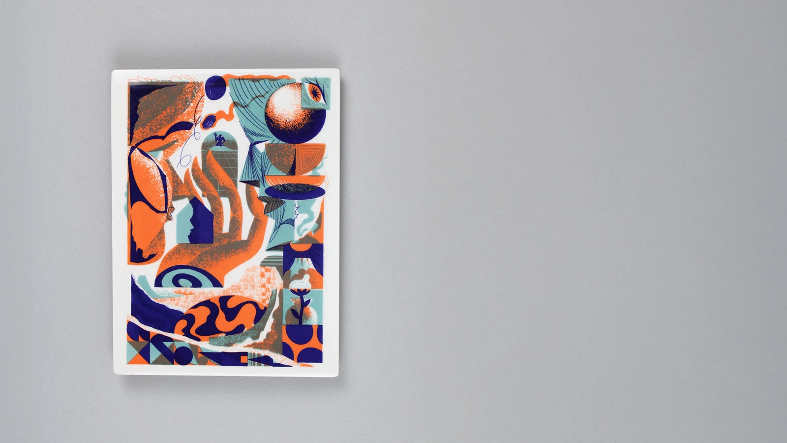 Screen-printed tile with an Artwork from AkaCorleone, with blue, orange and green colors, against a gray background1621243260e1af0c20-0