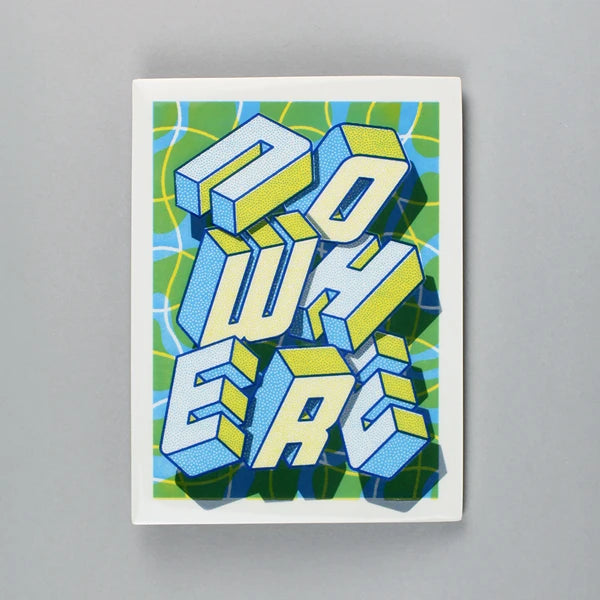 Screen-printed tile with an Artwork from Halfstudio, with blue, yellow and green colors, against a gray backgroundslider_item_hnkXTk