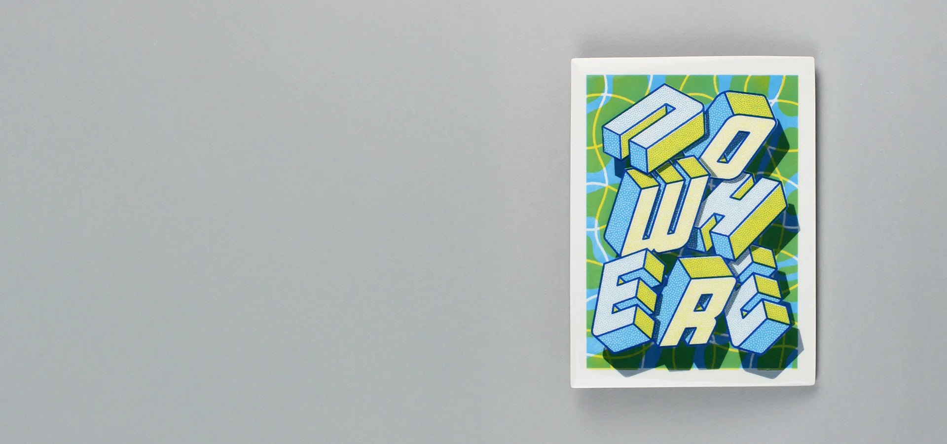 Screen-printed tile with an Artwork from Halfstudio, with blue, yellow and green colors, against a gray backgroundslider_item_hnkXTk