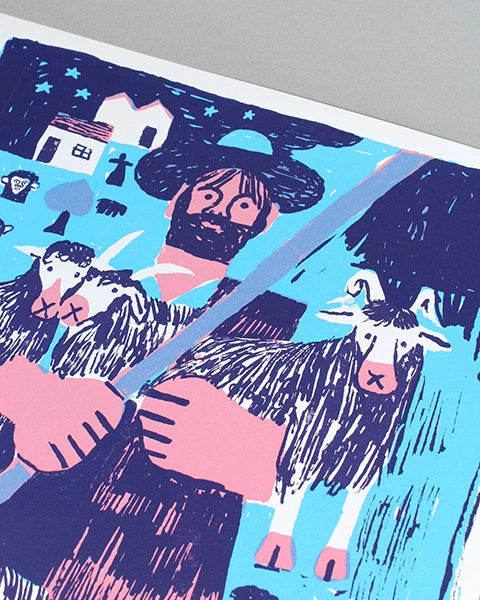 Screen print featuring an illustration by the artist Mantraste. At the centre of the print stands a large figure of a shepherd holding a staff, surrounded by animals such as sheep and goats. The artwork is rendered in light blue, pink, and dark blue tones, set against a grey background.1621243260e1af0c20-1