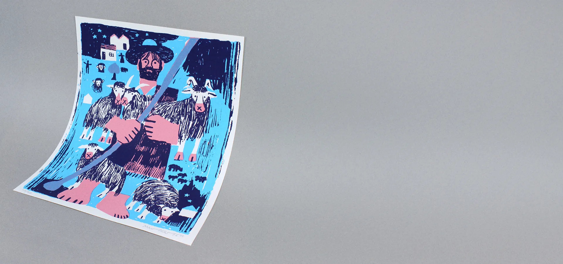 Screen print featuring an illustration by the artist Mantraste. At the centre of the print stands a large figure of a shepherd holding a staff, surrounded by animals such as sheep and goats. The artwork is rendered in light blue, pink, and dark blue tones, set against a grey background.1621243260e1af0c20-1