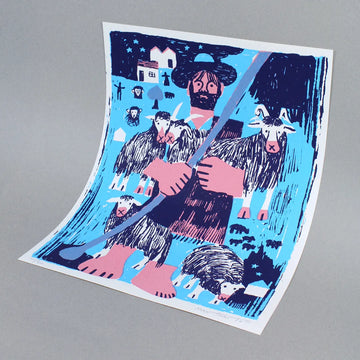 Screen print featuring an illustration by the artist Mantraste. At the centre of the print stands a large figure of a shepherd holding a staff, surrounded by animals such as sheep and goats. The artwork is rendered in light blue, pink, and dark blue tones, set against a grey background.