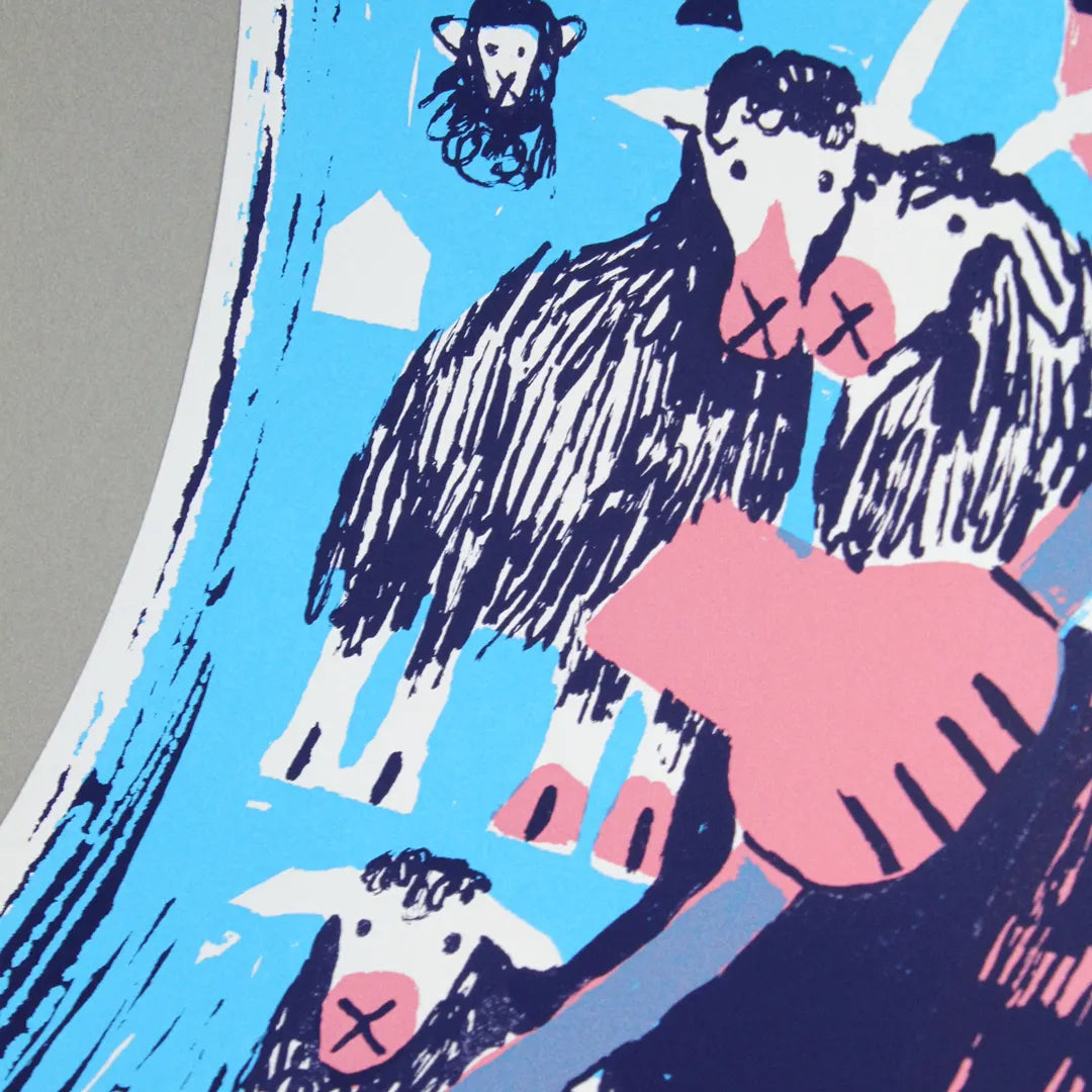 Screen print featuring an illustration by the artist Mantraste. At the centre of the print stands a large figure of a shepherd holding a staff, surrounded by animals such as sheep and goats. The artwork is rendered in light blue, pink, and dark blue tones, set against a grey background.