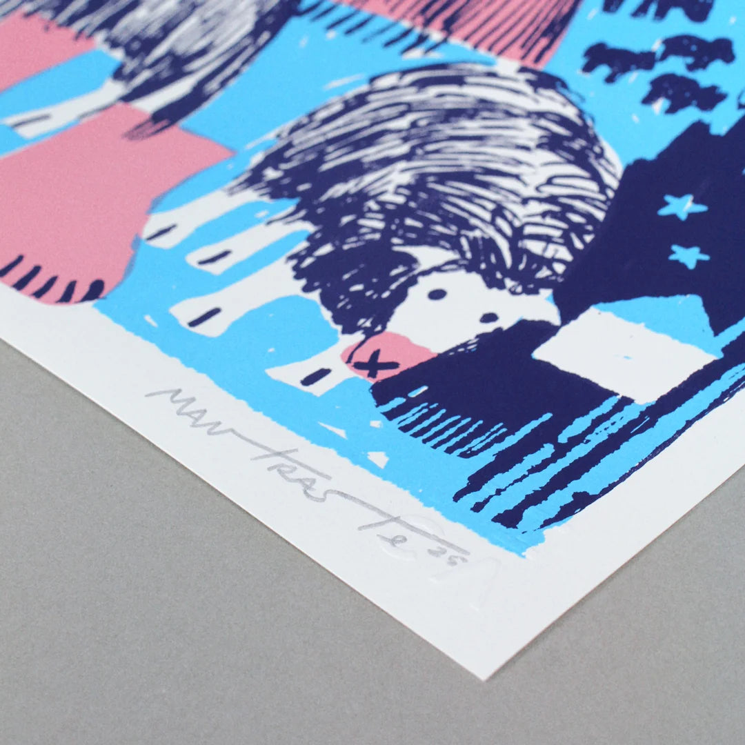 detail of a Screen print featuring an illustration by the artist Mantraste. At the centre of the print stands a large figure of a shepherd holding a staff, surrounded by animals such as sheep and goats. The artwork is rendered in light blue, pink, and dark blue tones, set against a grey background.