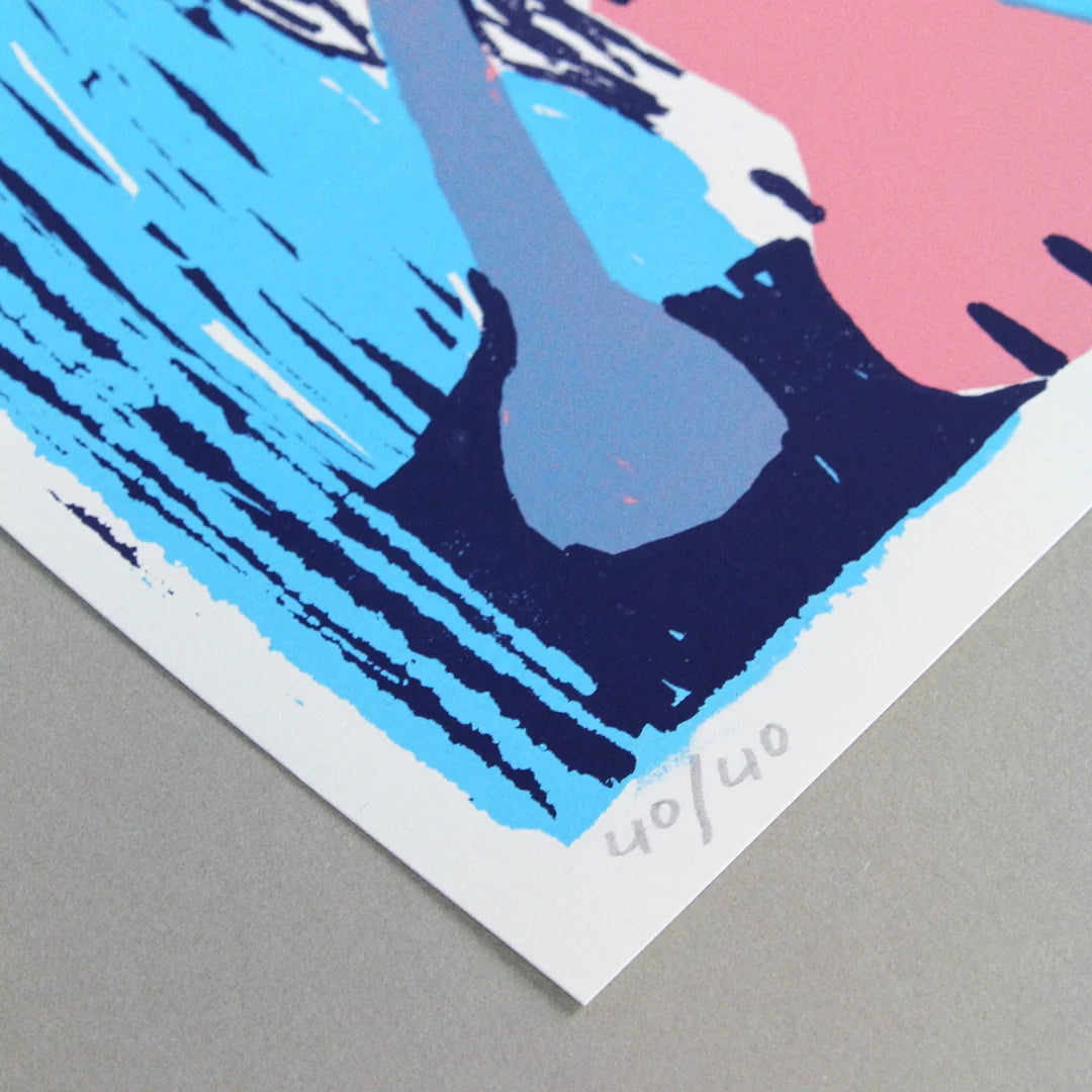 detail of a Screen print featuring an illustration by the artist Mantraste. At the centre of the print stands a large figure of a shepherd holding a staff, surrounded by animals such as sheep and goats. The artwork is rendered in light blue, pink, and dark blue tones, set against a grey background.