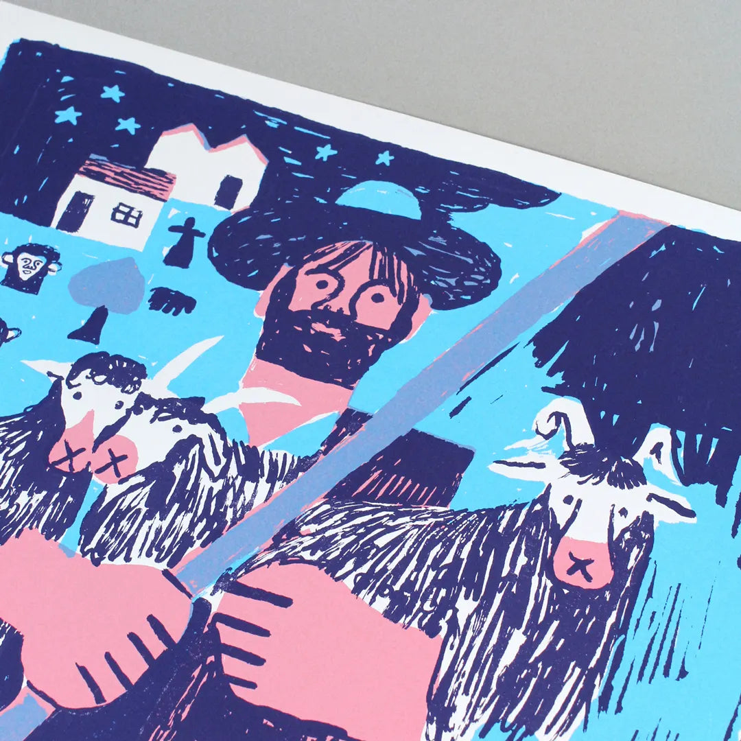 detail of a Screen print featuring an illustration by the artist Mantraste. At the centre of the print stands a large figure of a shepherd holding a staff, surrounded by animals such as sheep and goats. The artwork is rendered in light blue, pink, and dark blue tones, set against a grey background.