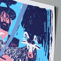 detail of a Screen print featuring an illustration by the artist Mantraste. At the centre of the print stands a large figure of a shepherd holding a staff, surrounded by animals such as sheep and goats. The artwork is rendered in light blue, pink, and dark blue tones, set against a grey background.
