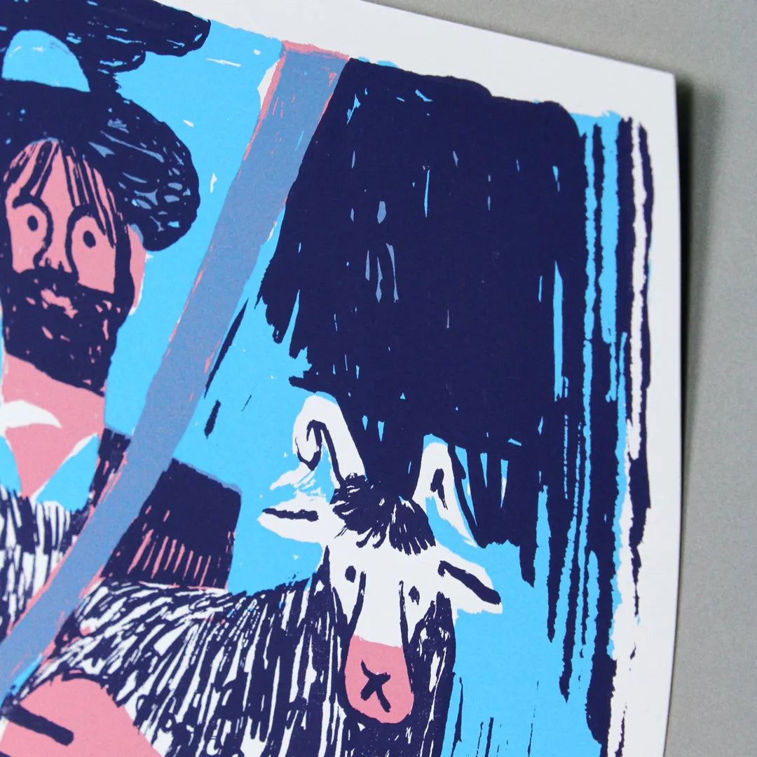 detail of a Screen print featuring an illustration by the artist Mantraste. At the centre of the print stands a large figure of a shepherd holding a staff, surrounded by animals such as sheep and goats. The artwork is rendered in light blue, pink, and dark blue tones, set against a grey background.