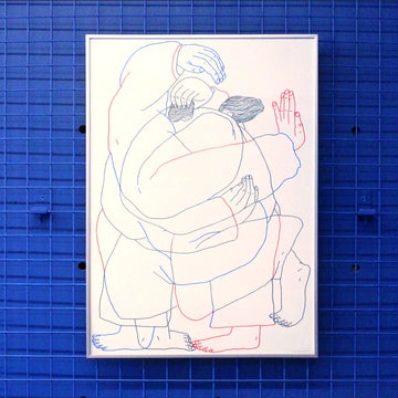 Manual screen print (50×70 cm) of an illustration of Tina Siuda showing two bodies embracing, drawn with fine linework on a white background. The figures extend almost to the edges of the paper, as if confined within its borders. The print is framed in a grey frame and hung on a Klein blue wall with matching blue metal bars.