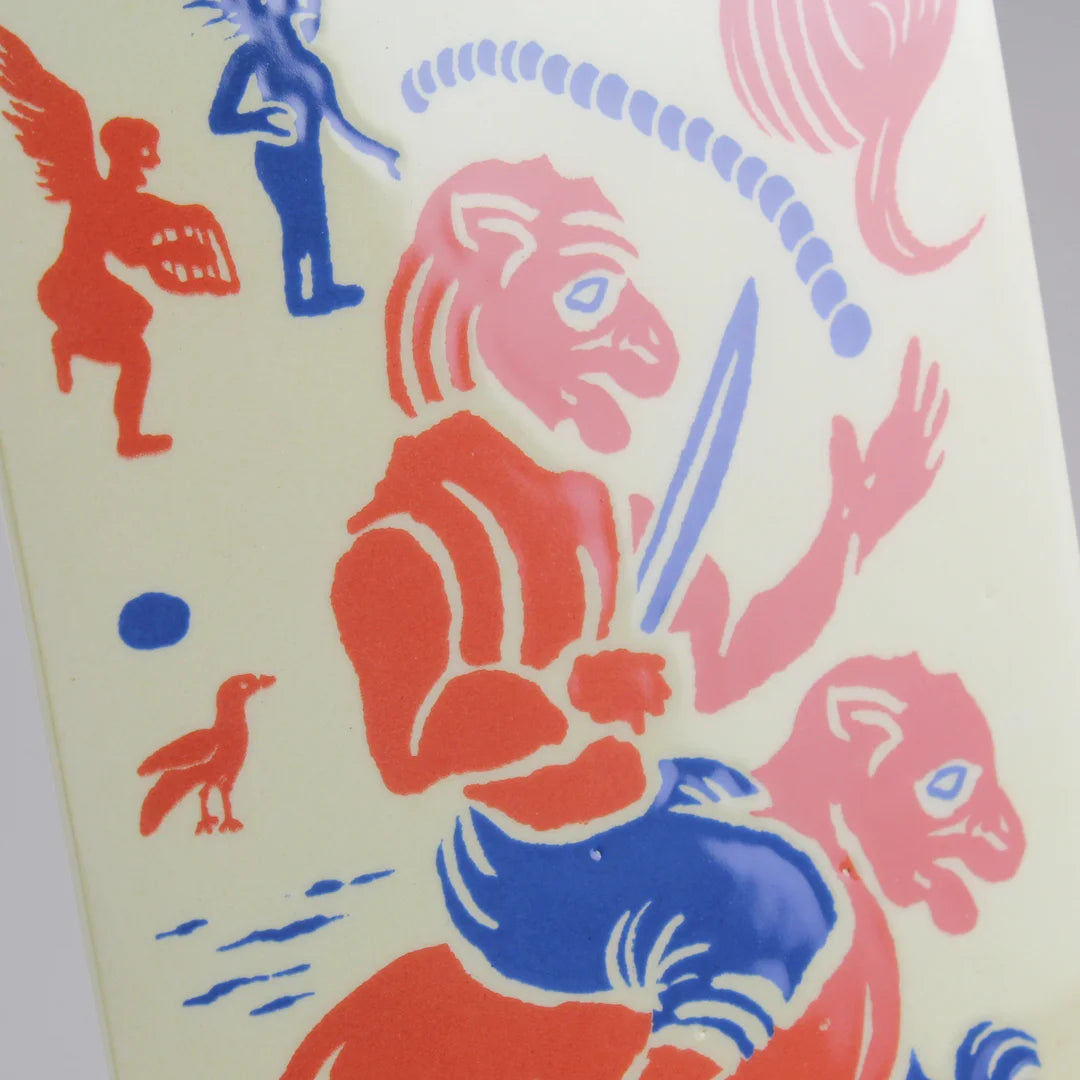 Screen-printed tile with an Artwork from Gonçalo Duarte, with blue and red colors, against a gray background
