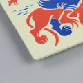 Detail of a screen-printed tile with an Artwork from Gonçalo Duarte, with blue and red colors, against a gray background