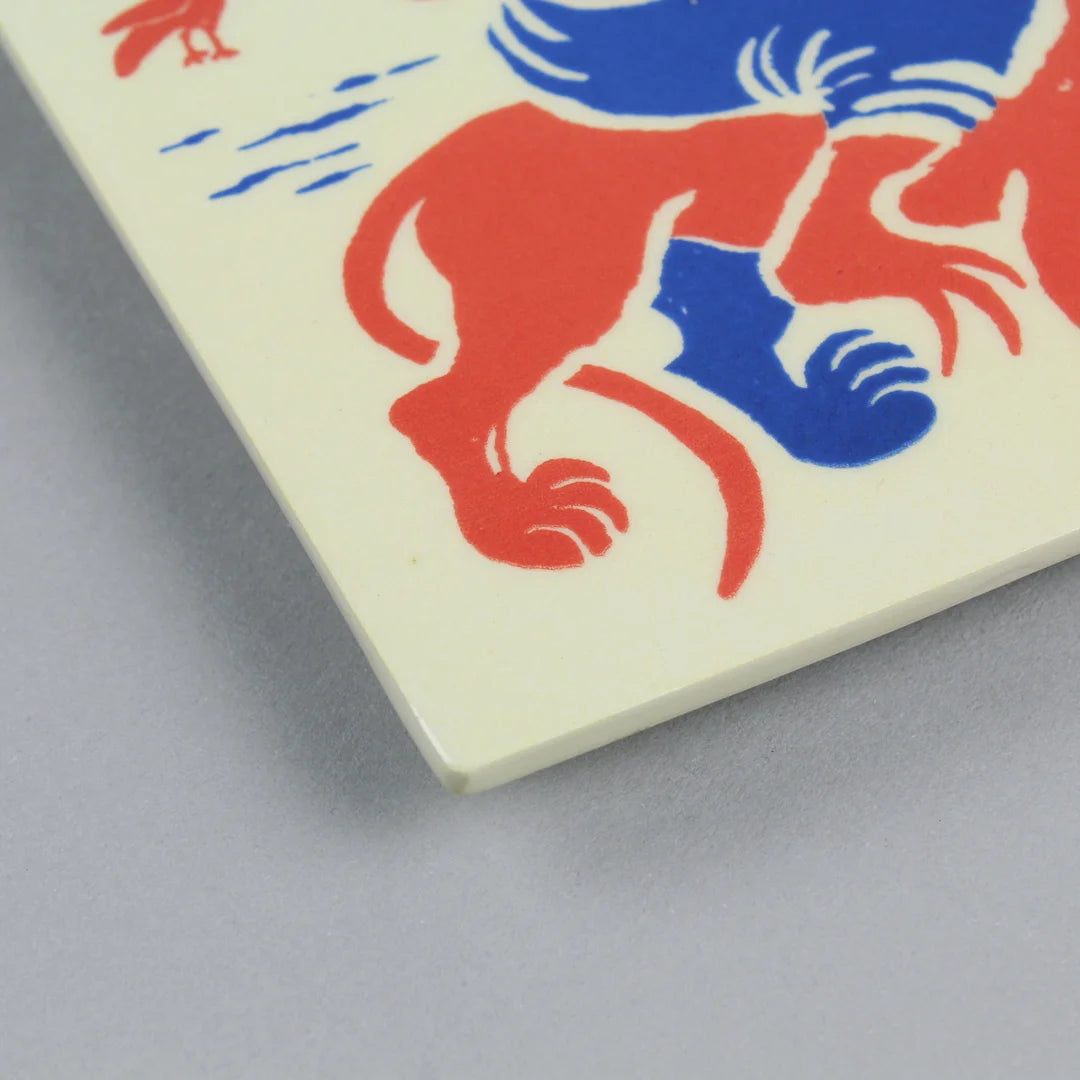 Detail of a screen-printed tile with an Artwork from Gonçalo Duarte, with blue and red colors, against a gray background