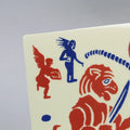 Detail of a screen-printed tile with an Artwork from Gonçalo Duarte, with blue and red colors, against a gray background