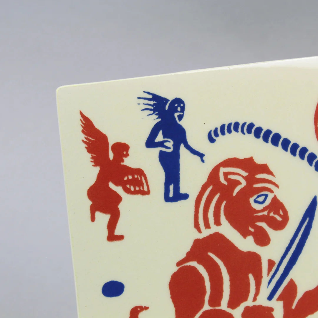 Detail of a screen-printed tile with an Artwork from Gonçalo Duarte, with blue and red colors, against a gray background