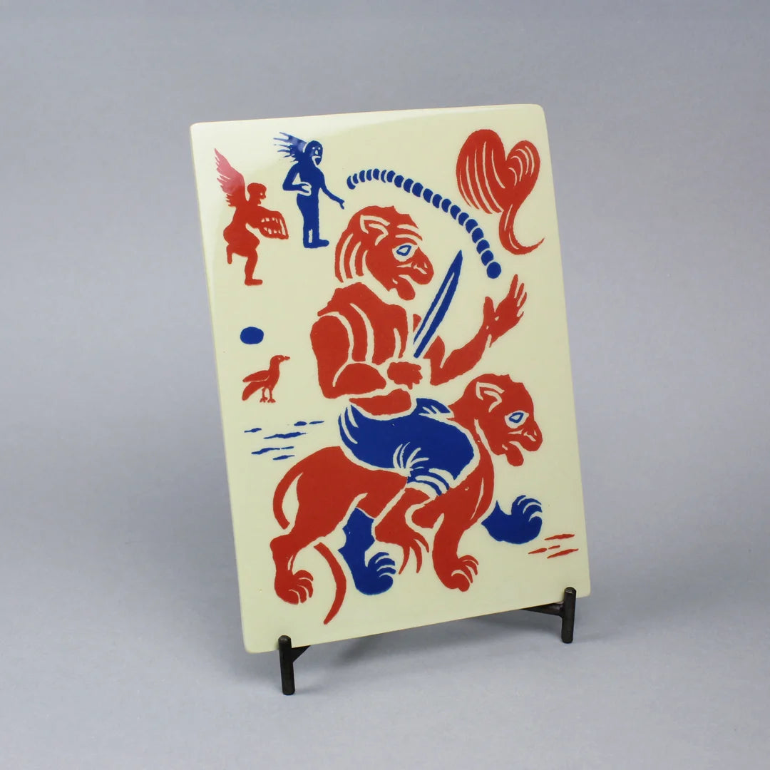 Screen-printed tile with an Artwork from Gonçalo Duarte, with blue and red colors, on a stand against a gray background