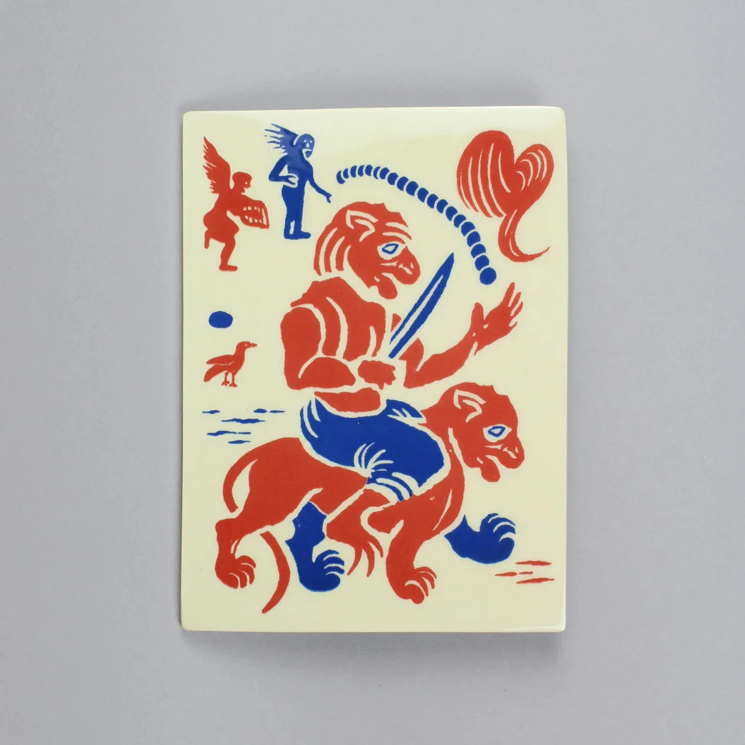 Screen-printed tile with an Artwork from Gonçalo Duarte, with blue and red colors, against a gray background