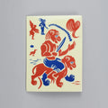 Screen-printed tile with an Artwork from Gonçalo Duarte, with blue and red colors, against a gray background