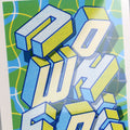 Screen-printed tile with an Artwork with the word NOWHERE from Halfstudio, with blue, yellow and green colors, against a gray background