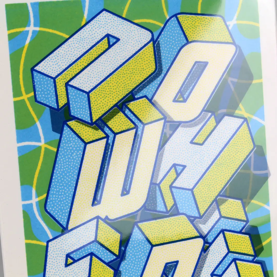 Screen-printed tile with an Artwork with the word NOWHERE from Halfstudio, with blue, yellow and green colors, against a gray background