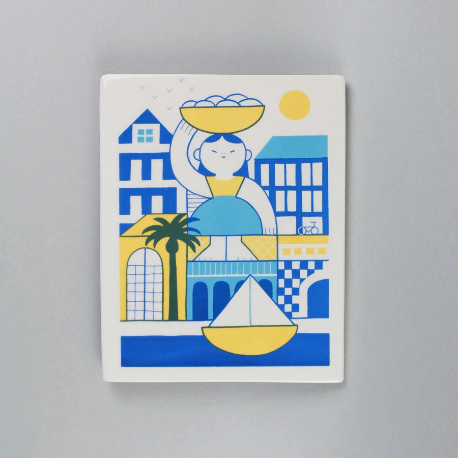 screen-printed tile. Screen printing on ceramic with ceramic inks. Limited edition. Illustration by Ileana Rovetta